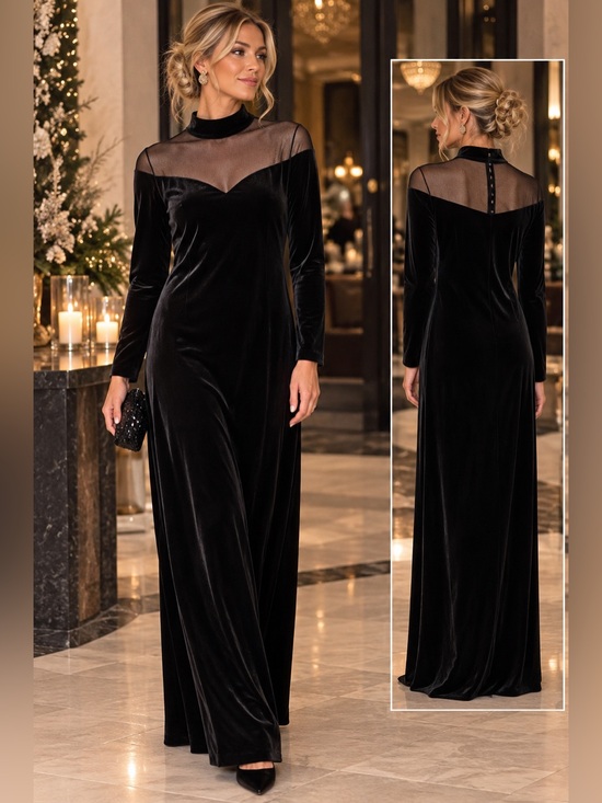 Cartise Petite Dresses & Skirts - Vintage 90’s Elegant Black Velvet Long-Sleeve Evening Dress with Sheer Yoke